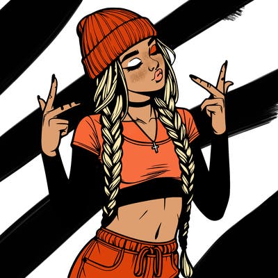 realistic teenage girl with braids and a beanie and crop top doing 🫶🏼