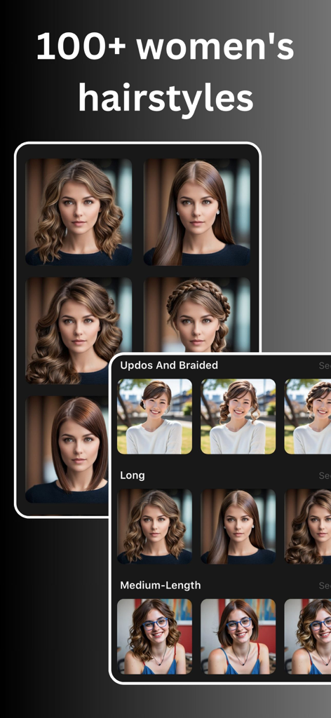 App interface of AI Style showing a variety of women's hairstyles categorized by updos, long, and medium-length styles.