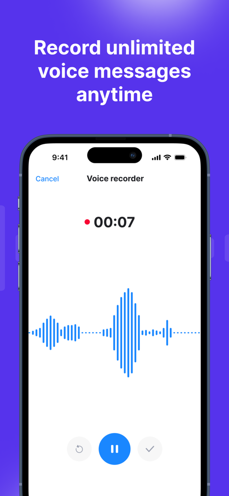 Interfaz del grabador de voz de la aplicación Rec-all que muestra una onda de audio azul y un temporizador de grabación en un iPhone