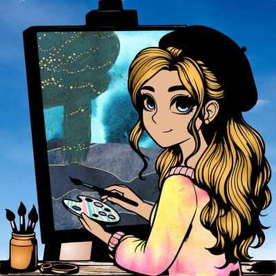 realistic girl artist painting a blank canvas