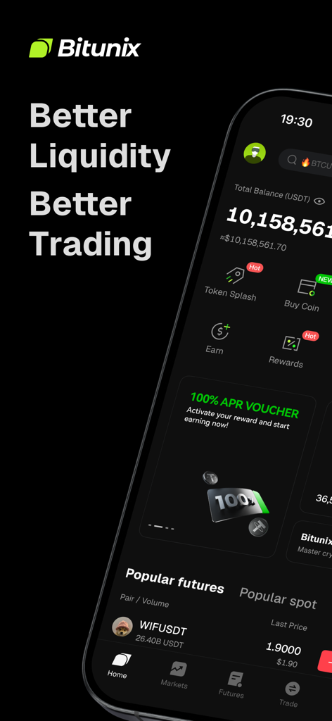 Tableau de bord de l'application de trading crypto Bitunix affichant le solde des cryptomonnaies et les fonctions de trading sur marge.