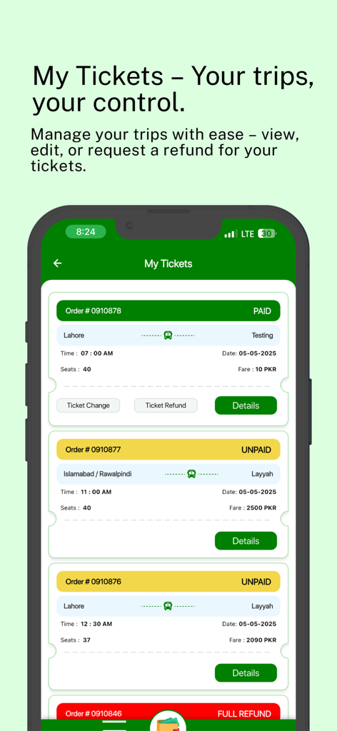 Baloch Transport - Interface for managing bus ticket bookings and refunds in the Baloch Transport app