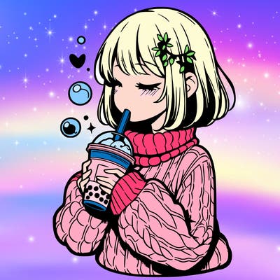 manga girl drinking boba in cozy sweater