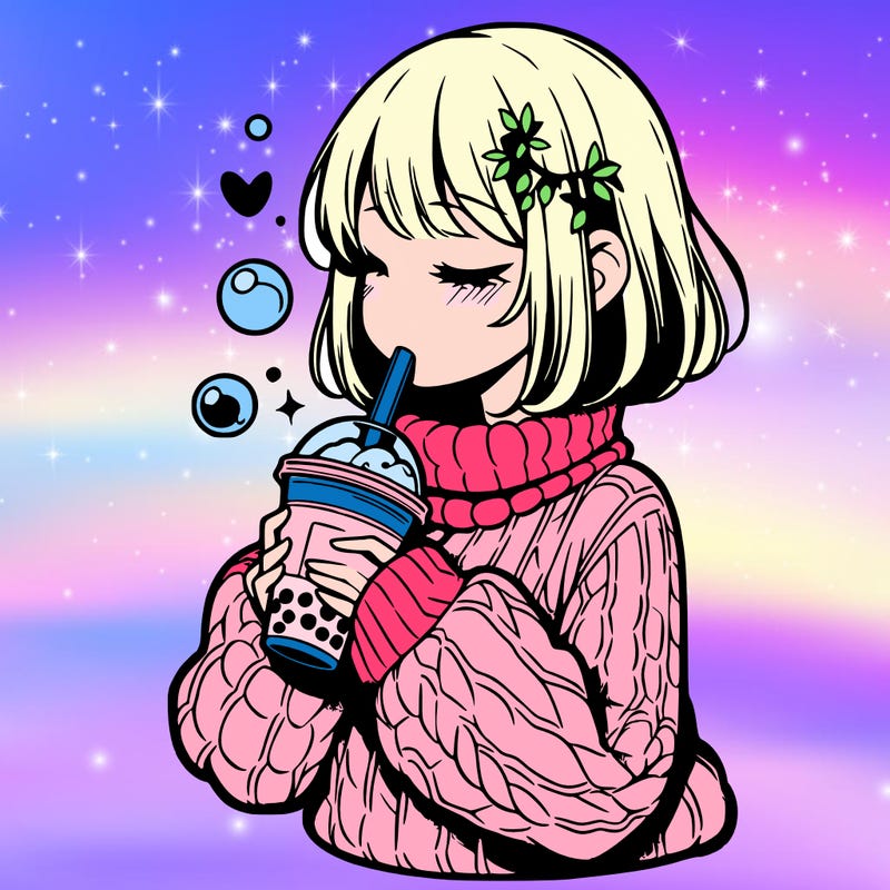 manga girl drinking boba in cozy sweater