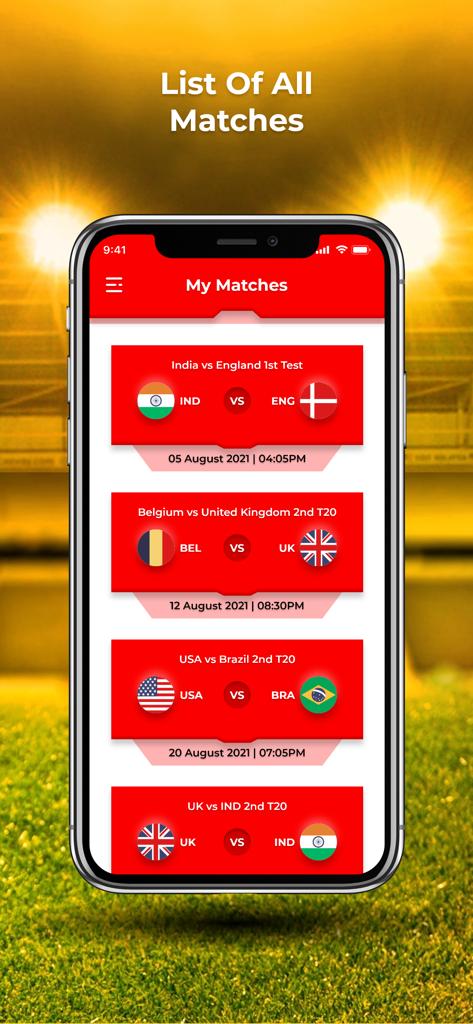 Lista de próximos partidos de cricket en la aplicación Dream Team 11 que muestra banderas de equipos y fechas de juegos