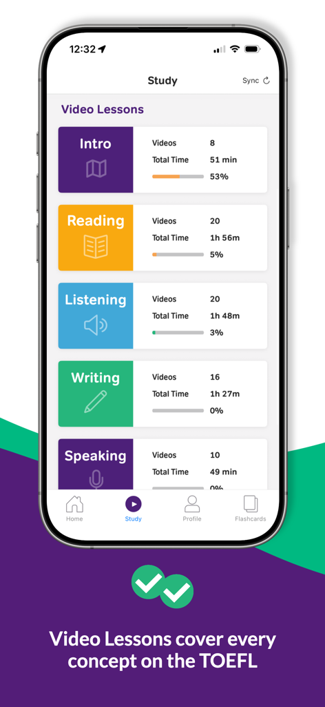 Magoosh TOEFL prep app screen showing video lessons and study progress for reading listening writing and speaking.
