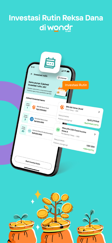 A mobile screen from wondr by BNI app showing scheduled mutual fund investments with colorful growth illustrations