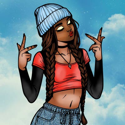 realistic teenage girl with braids and a beanie and crop top doing 🫶🏼