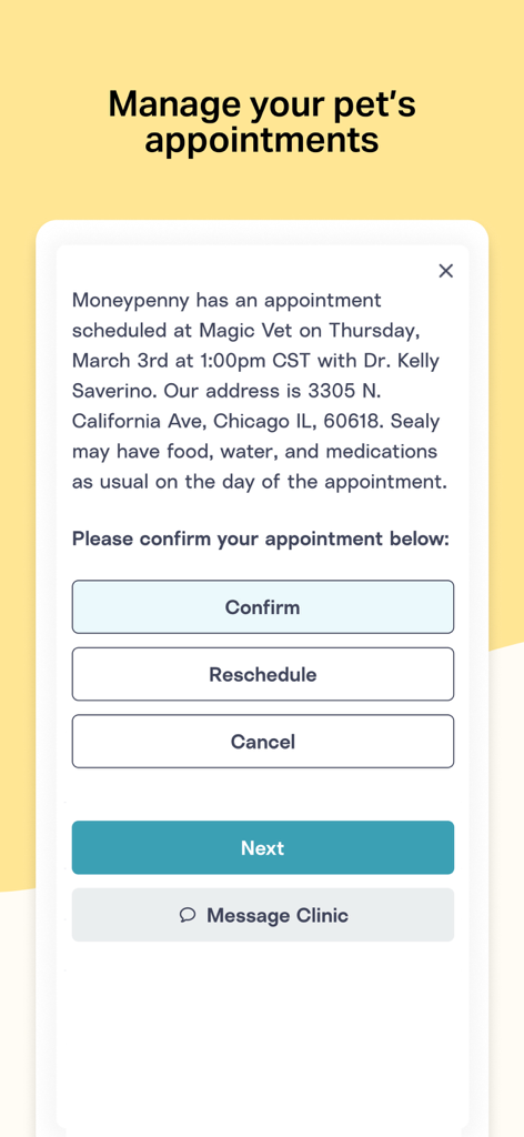 Mobile screen of Otto app showing pet veterinary appointment details and confirmation options