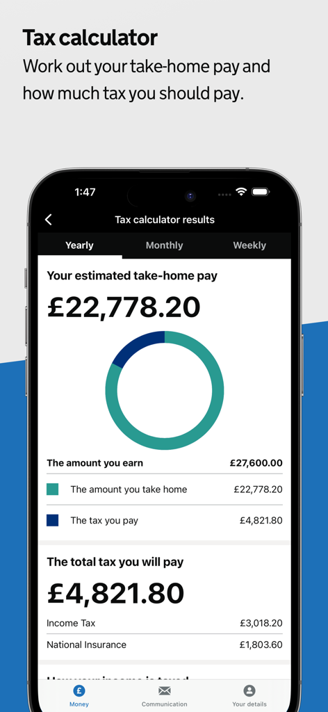 HMRC - HMRC app tax calculator results screen showing yearly estimated take-home pay and income tax breakdown
