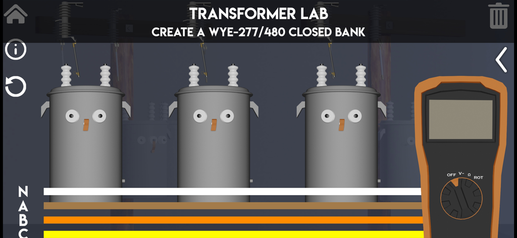 A 3D simulation showing a three-phase transformer bank wiring lab with a digital multimeter tool.