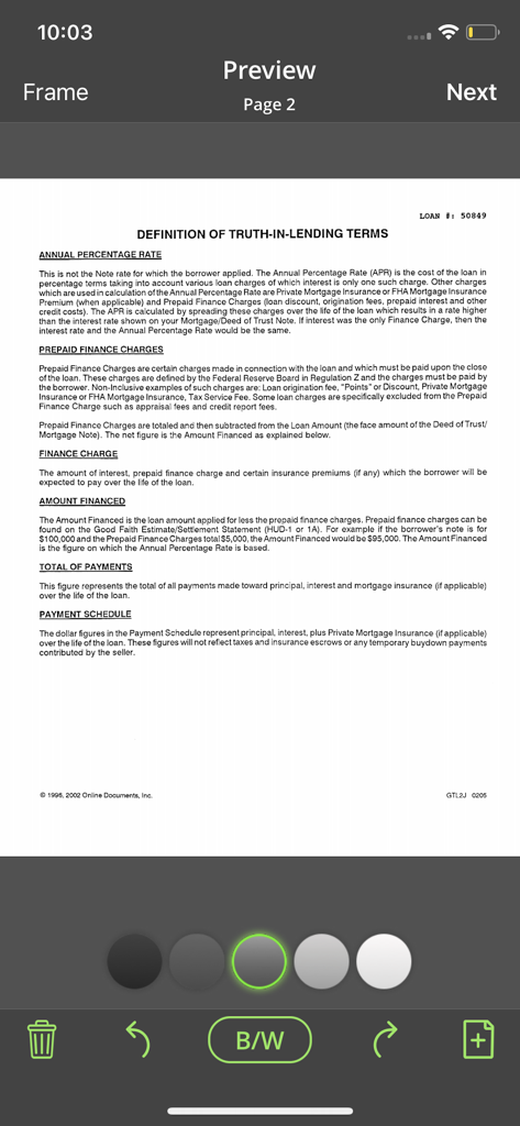 흑백 필터 옵션 및 편집 도구와 함께 스캔된 문서 미리 보기를 보여주는 SmartScan Pro 인터페이스