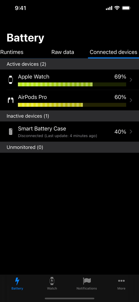 Screenshot of Battery Life app showing battery percentages for connected devices like Apple Watch and AirPods Pro