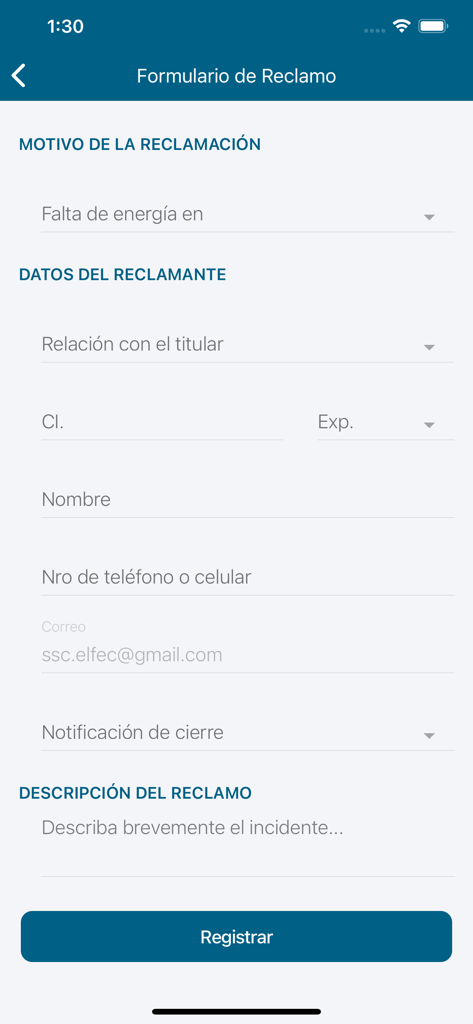 Elfec Móvil - Mobile app screen showing the service claim form for reporting electricity issues in the Elfec Movil app