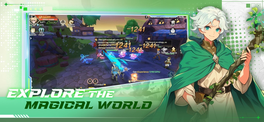 A white haired character in a green cloak standing next to a gameplay screen of Forestia Legends showing a magical town and exploration.