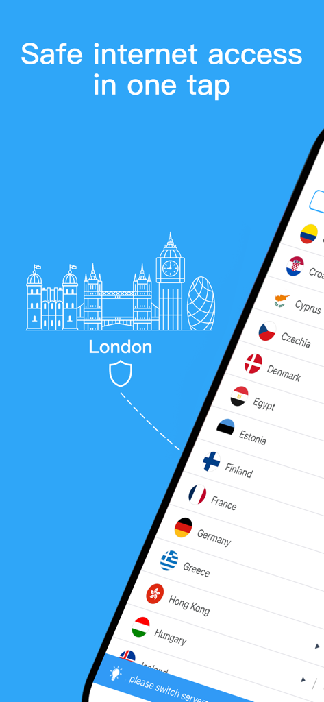 Speedy Quark VPN - VPN Proxy - Uno schermo mobile che mostra l'elenco dei server internazionali di Speedy Quark VPN e la funzione di connessione con un tocco con il contorno della città di Londra.