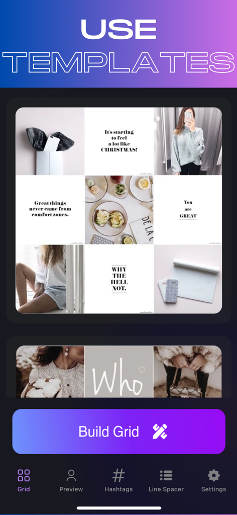 Mobile app interface showing aesthetic grid templates and feed layout planner for Instagram