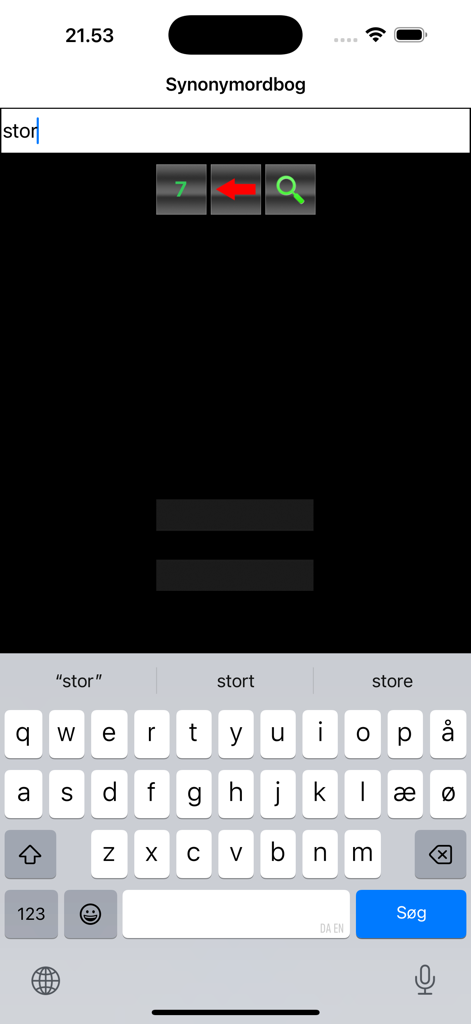 DanKryds - DanKryds app interface showing a synonym search for the word stor with a Danish keyboard