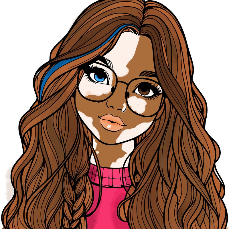 girl with long hair and freckles and glasses realistic