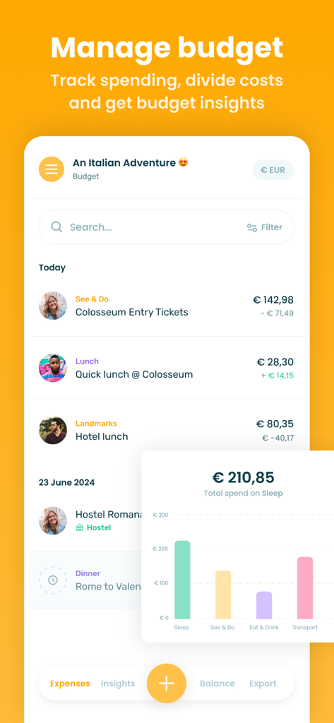 Oberfläche der Stippl-App, die die Reisebudgetverwaltung mit Ausgabenverfolgung und einem Diagramm mit Ausgabenübersichten zeigt.