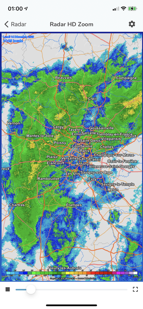 Meteociel - Mappa radar delle precipitazioni ad alta definizione di Parigi e della Francia settentrionale nell'app Meteociel.