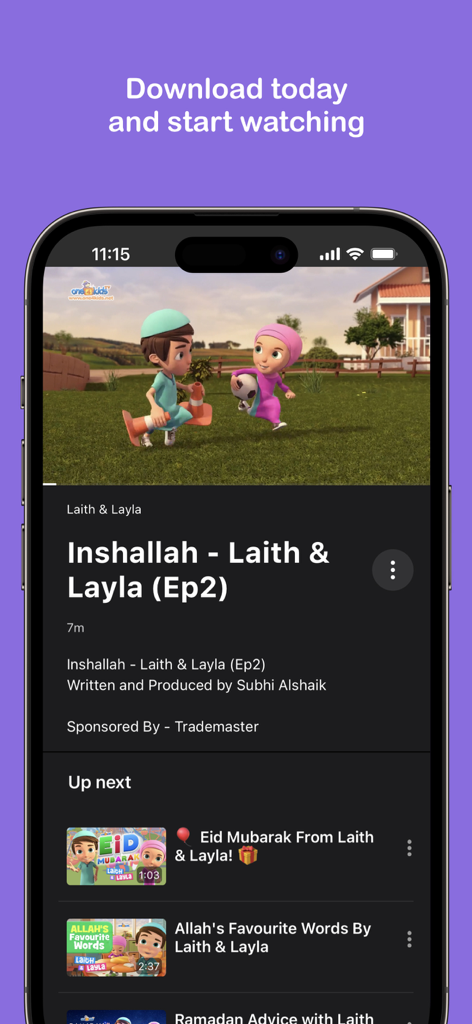 One4Kids TV - Interfaz de la aplicación móvil de One4Kids TV reproduciendo un episodio de Laith y Layla con una lista de próximos videos educativos islámicos para niños.
