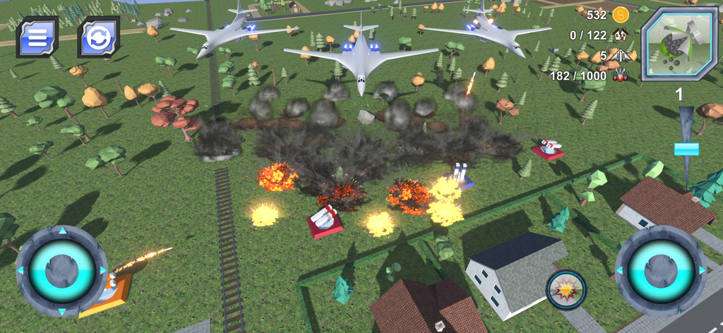 Three bombers dropping explosives on a suburban city in the game Total City Smash Nuclear War