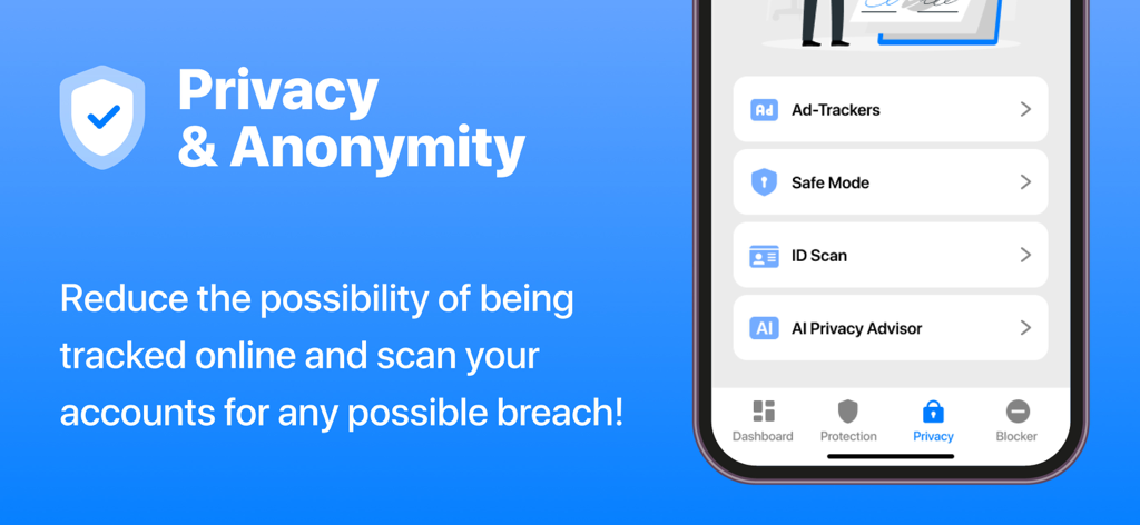 Total Security - Safe & Secure - App interface highlighting privacy and anonymity features including ID Scan and AI Privacy Advisor