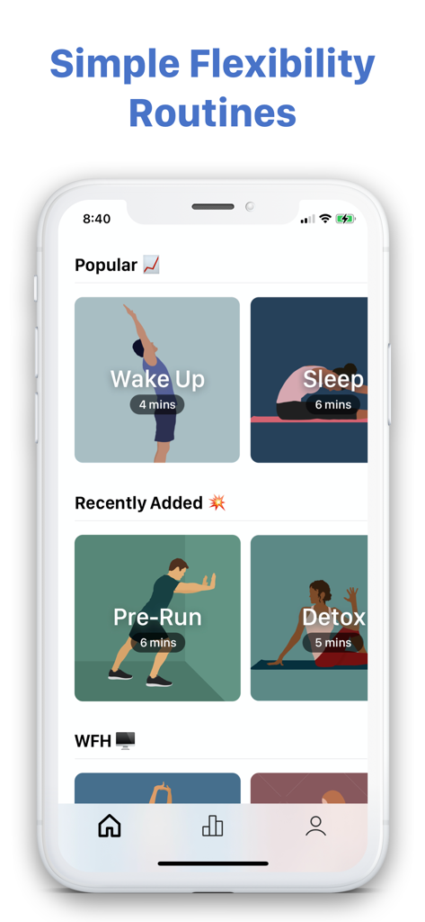 Interface de l'application Stretch Club montrant une liste de routines de flexibilité simples pour un usage quotidien