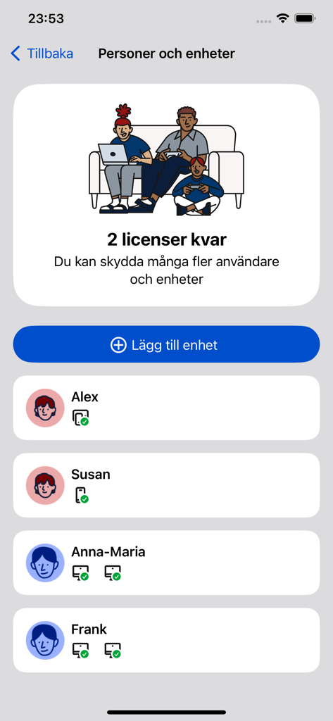 Interface showing family profiles and protected devices in the Tele2 Saker app
