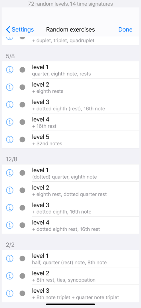 A list of random rhythm exercises in the app categorized by time signatures 5/8, 12/8, and 2/2 with various difficulty levels.