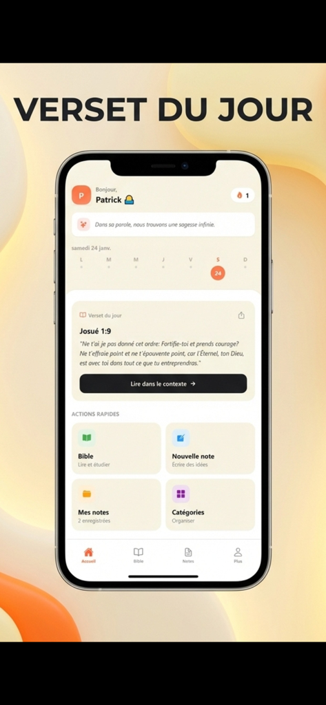 Oberfläche der französischen Louis Segond Bibel-App, die den Tagesvers und das Schnellzugriffsmenü anzeigt