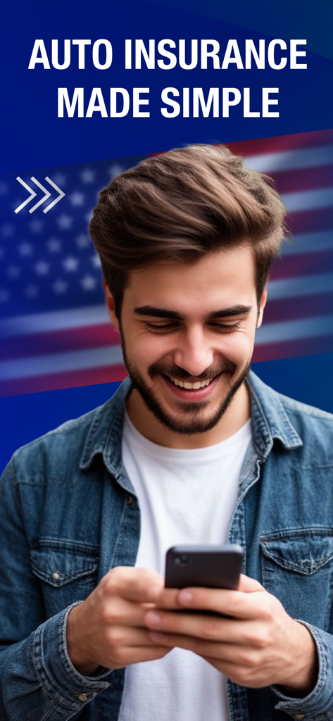 A smiling man using a smartphone for easy auto insurance through the Helsten app with a US flag background.