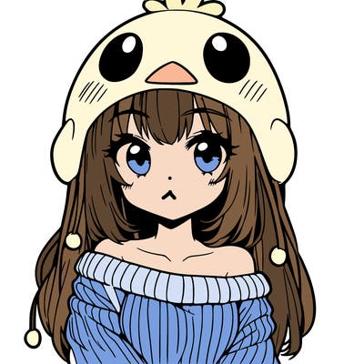 anime girl with chick shaped hat with sweater with bare shoulders with bangs covering them one eye with low tail