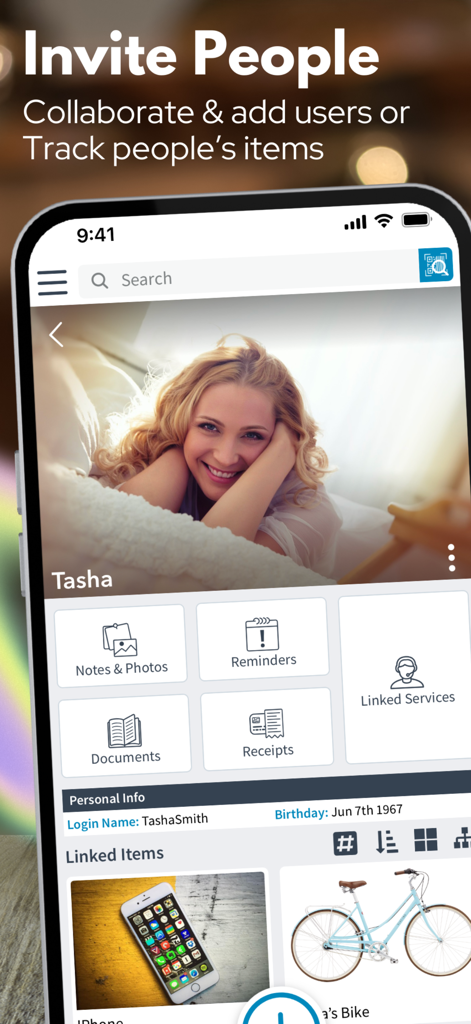 Itemtopia Inventory - A mobile screen from Itemtopia showing a user profile named Tasha with organized categories for receipts, documents, and linked items like a bicycle.