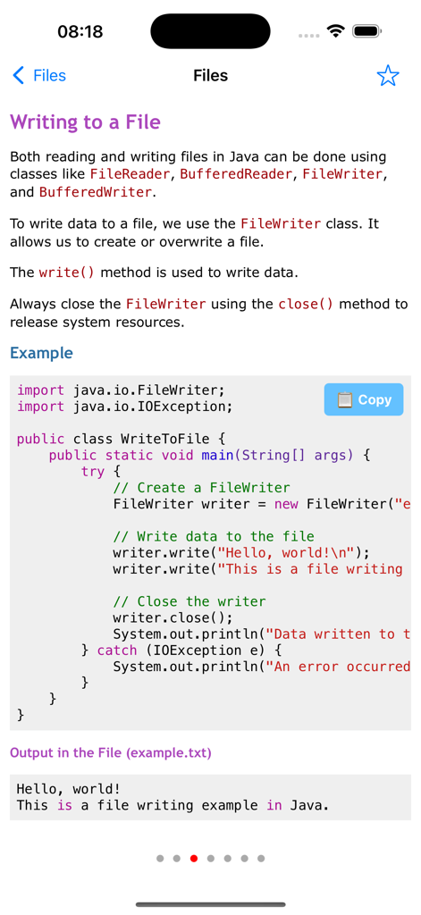 Learn Java Programming Pro - A Java tutorial screen explaining how to write to a file with code examples