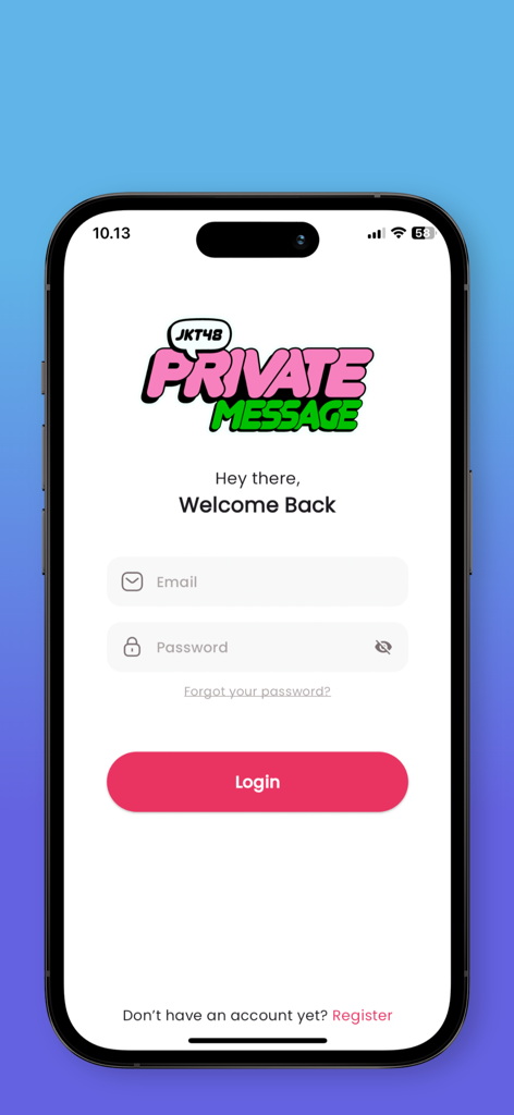 JKT48 PM - Login screen of the JKT48 Private Message app showing email and password fields and a welcome message.