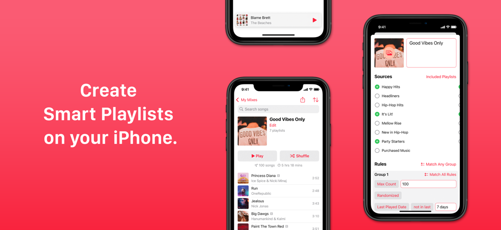 Miximum: Smart Playlist Maker - Interface of the Miximum app showing smart playlist creation and logic based rules on an iPhone