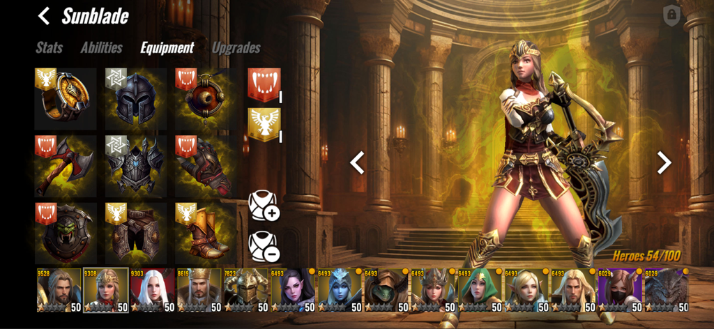 Arcane Heroes: Warbound - Character customization and equipment screen for a hero named Sunblade in Arcane Heroes Warbound.