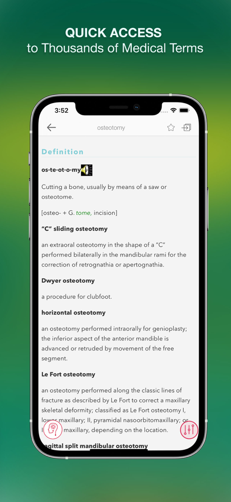 Stedman's Medical Dictionary + - A smartphone screen displaying the definition and types of osteotomy in the Stedmans Medical Dictionary app
