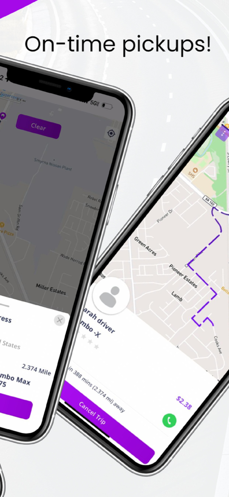 Bombo Taxi - Interfaz de la aplicación Bombo Taxi que muestra un mapa de seguimiento de viaje y el texto Recogidas puntuales.
