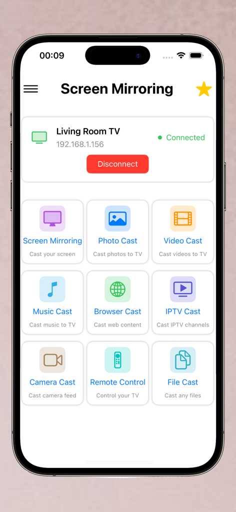Miracast ®ﾠ - Miracast app interface on an iPhone displaying casting options like Screen Mirroring, Video Cast, and IPTV Cast connected to a smart TV.