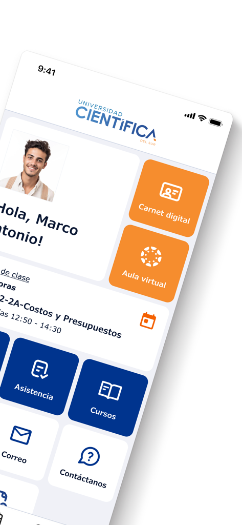 Científica Móvil - Panel principal de la aplicación Cientifica Movil que muestra información del perfil del estudiante y servicios académicos como carnet digital y aula virtual.