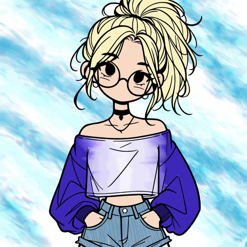 girl with a messy ponytail glasses a baggy crop top and jean shorts