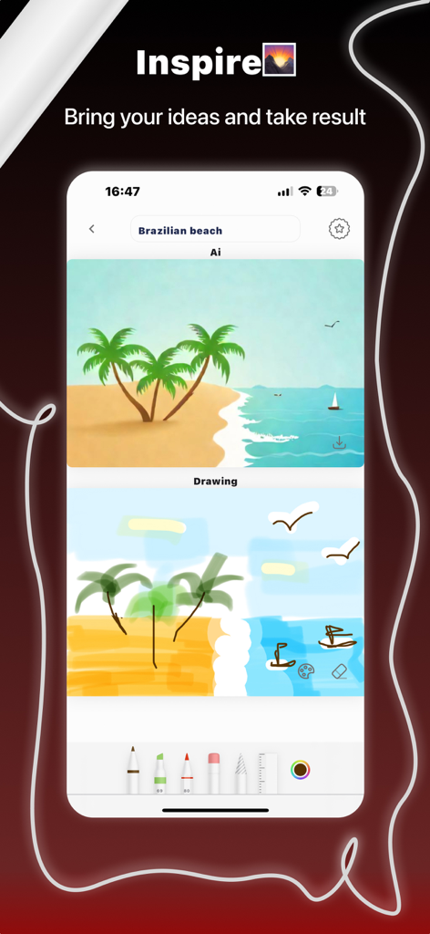 Your Drawing To Art : Picasso - A mobile interface showing a rough beach drawing being transformed into a polished AI generated digital illustration