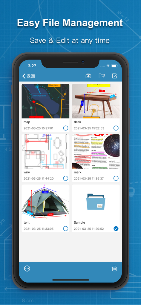 Photos Measure - Image meter - Schermata di un'app mobile che mostra una galleria di progetti di misurazione salvati e cartelle