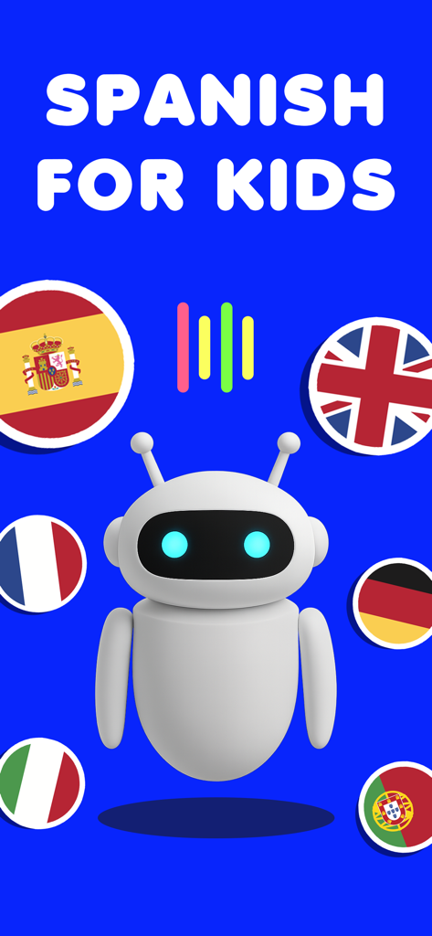Spanish for kids, Speak Pocket - Spanish for kids app intro screen featuring Speaky the robot voice coach and international flags
