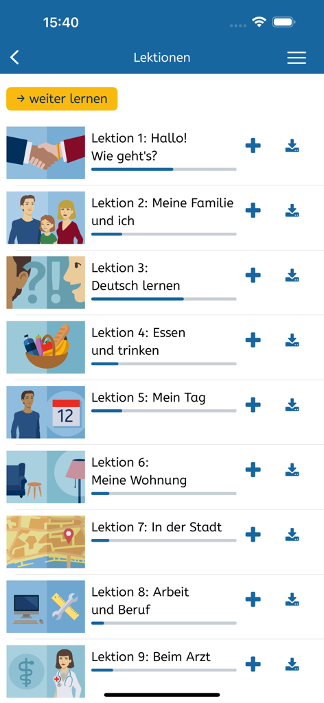 Eine Liste strukturierter Deutschlektionen in der mobilen Anwendung A1-Deutsch, die Fortschrittsbalken und Download-Optionen anzeigt.