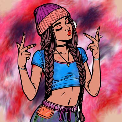realistic teenage girl with braids and a beanie and crop top doing 🫶🏼
