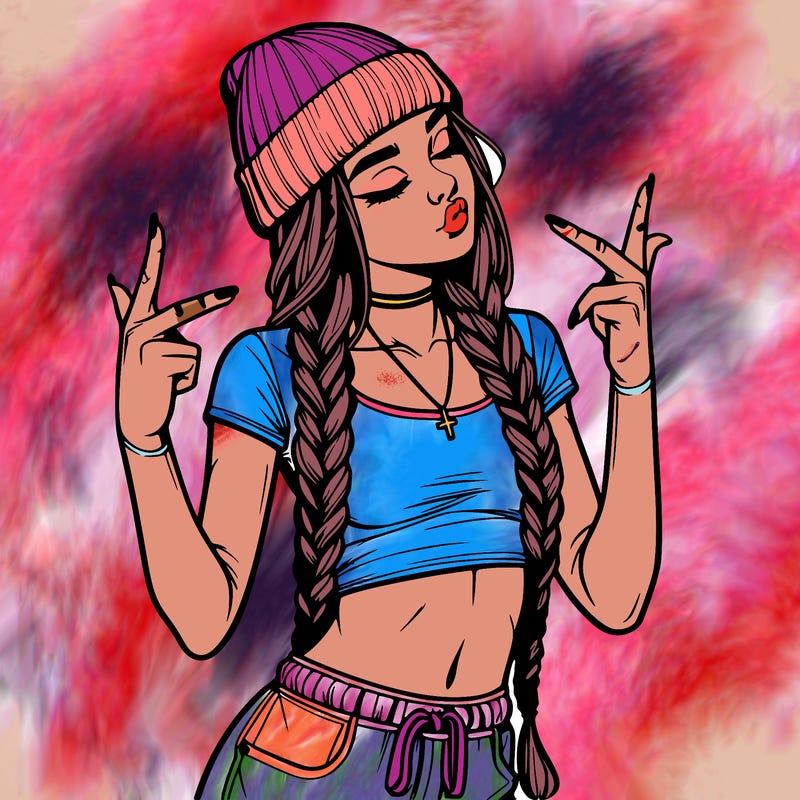 realistic teenage girl with braids and a beanie and crop top doing 🫶🏼